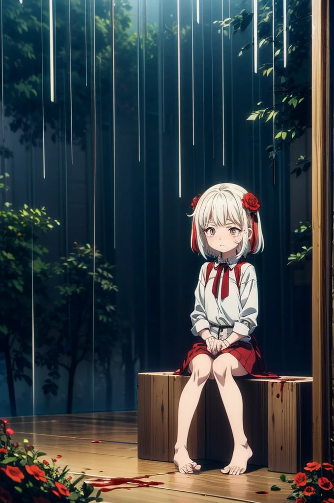 Loli, pale skin, sad face, cry, kneeing pose, very long multicolored hair, knife in hend, mantle, bare feet, dark forest, red flowers, focus on body, rainy weather, blood everywhere 