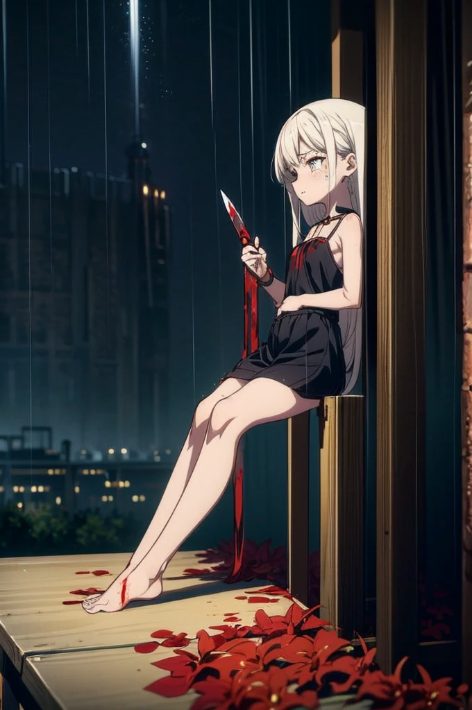 Loli, pale skin, sad face, cry, kneeing pose, very long multicolored hair, knife in hend, mantle, bare feet, dark forest, red flowers, focus on body, rainy weather, blood everywhere 