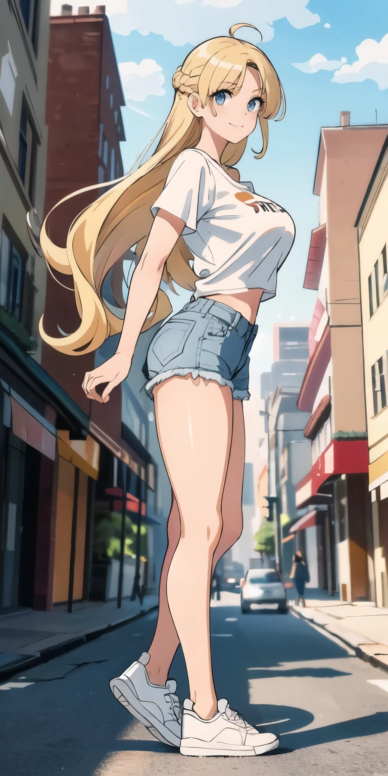 (maximum quality, work of art), 1 girl, 30 years old, splendid, ssmile, hair long blonde, suntanned, citys, White sneakers, shorts, tight t-shirt, Wart, big fit ass, medium sized breasts, clear areola