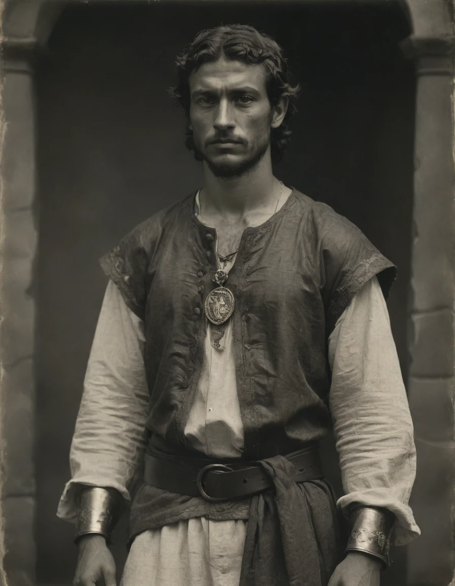 by Moebius, by Théodore Géricault, ((((Masterpiece, best quality, rough monochrome, daguerreotype on old paper)))), the composition is: (((a young male Roman pirate, sullen, facing viewer. Bare torso. He is wearing a Mughal caftan with Praetorian elements, sashes, medals, Hellenistic pendants, Hellenistic influence, tiger trimming))).