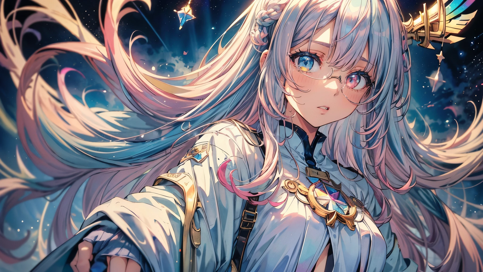 (Masterpiece ,、maximum quality、maximum quality、watercolor art(during)、Official Art、beautiful and aesthetic:1.2)、(1 girl:1.3)、(fractal art:1.3)、whole body、pupilas en forma de Star,、pattern、((Iridescent hair、colorful hair、half blue and half pink hair:1.2))、water、liquid、clouds、showy、noche Starda、Star、angry face、glasses、Write、heterochromia, (showy:1.5)、galaxiairando las Stars、anger