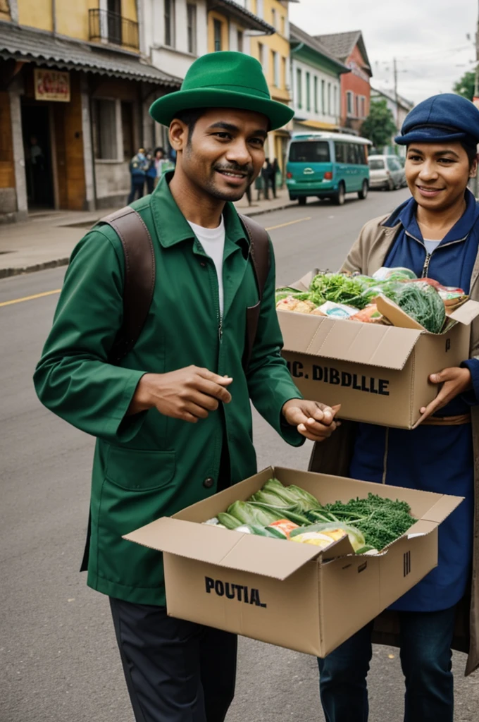  people from a political party dressed in green distributing food to the townspeople?