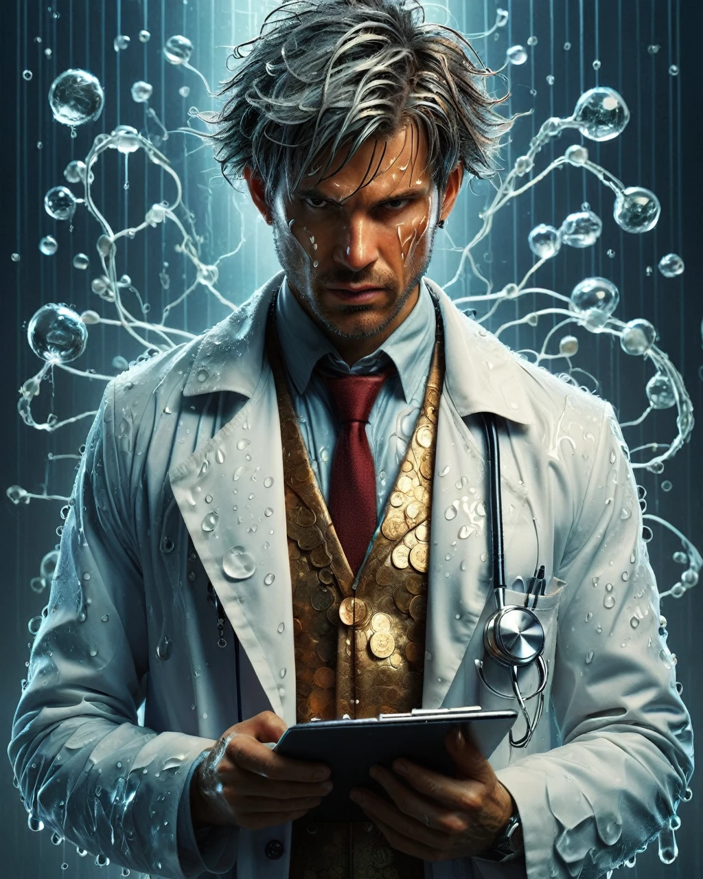 conceptual artwork, Great Evocative "Corrective Chaos Theory", details Intricate, trends on artstation, thunderstorm, designed by Artgerm and Rubens, ultra HD, depressing, sidelight, f/1.8, dslr, high qualiy, ais-waterdrops. visual: A character dressed as a doctor, with a white coat, but with elements that refer to finance, like a stethoscope that has a coin on the end.Accessories: A clipboard with tax charts and tables.
Personalidade: careful, reliable and experienced. Must look like someone who cares about the financial health of taxpayers.