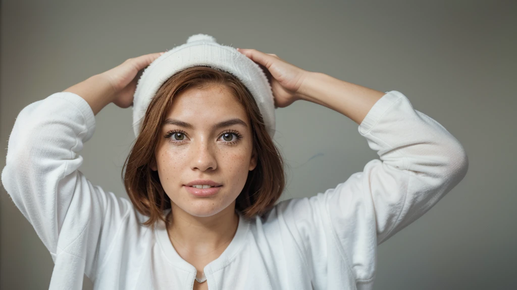 Make a thumbnail for YouTube for Christian church. Woman in a photographer studio, mullher bonita, Expressão de fear – ligada a situações de perigo, freckles on the face, russet hair, mulher redheadwear, redheadwear, Caucasian skin, bee, mulher bee, party, bee, hoolywood, age 28, white t-shirt and white jacket. It is on the right side of the image, steady look, ssmile, showing teeth, muito fear, super fear, pulando de fear. looking forward and standing still. Woman is surprised, fear. Leave the left side of the image empty. Photo ISO 700, 18-55mm f/3.5G VR, nikon d5000 21 megapixel image. ((Chroma key background)). ((Imagem para Thumbnail)).