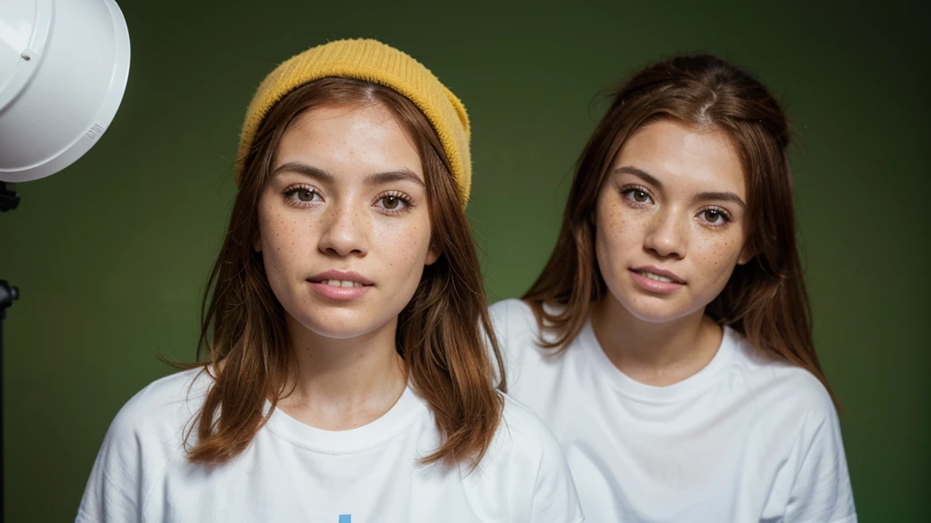 Make a thumbnail for YouTube for Christian church. Woman in a photographer studio, mullher bonita, Expressão de fear – ligada a situações de perigo, freckles on the face, russet hair, mulher redheadwear, redheadwear, Caucasian skin, bee, mulher bee, party, bee, hoolywood, age 28, white t-shirt and white jacket. It is on the right side of the image, steady look, ssmile, showing teeth, muito fear, super fear, pulando de fear. looking forward and standing still. Woman is surprised, fear. Leave the left side of the image empty. Photo ISO 700, 18-55mm f/3.5G VR, nikon d5000 21 megapixel image. ((Chroma key background)). ((Imagem para Thumbnail)).