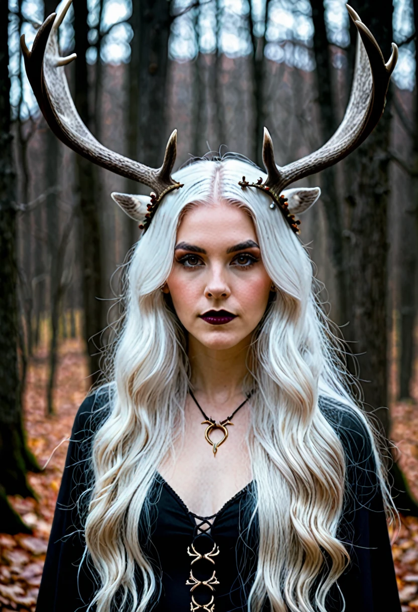 Dark witchy beautiful young woman, long white hair, with antlers coming from her head