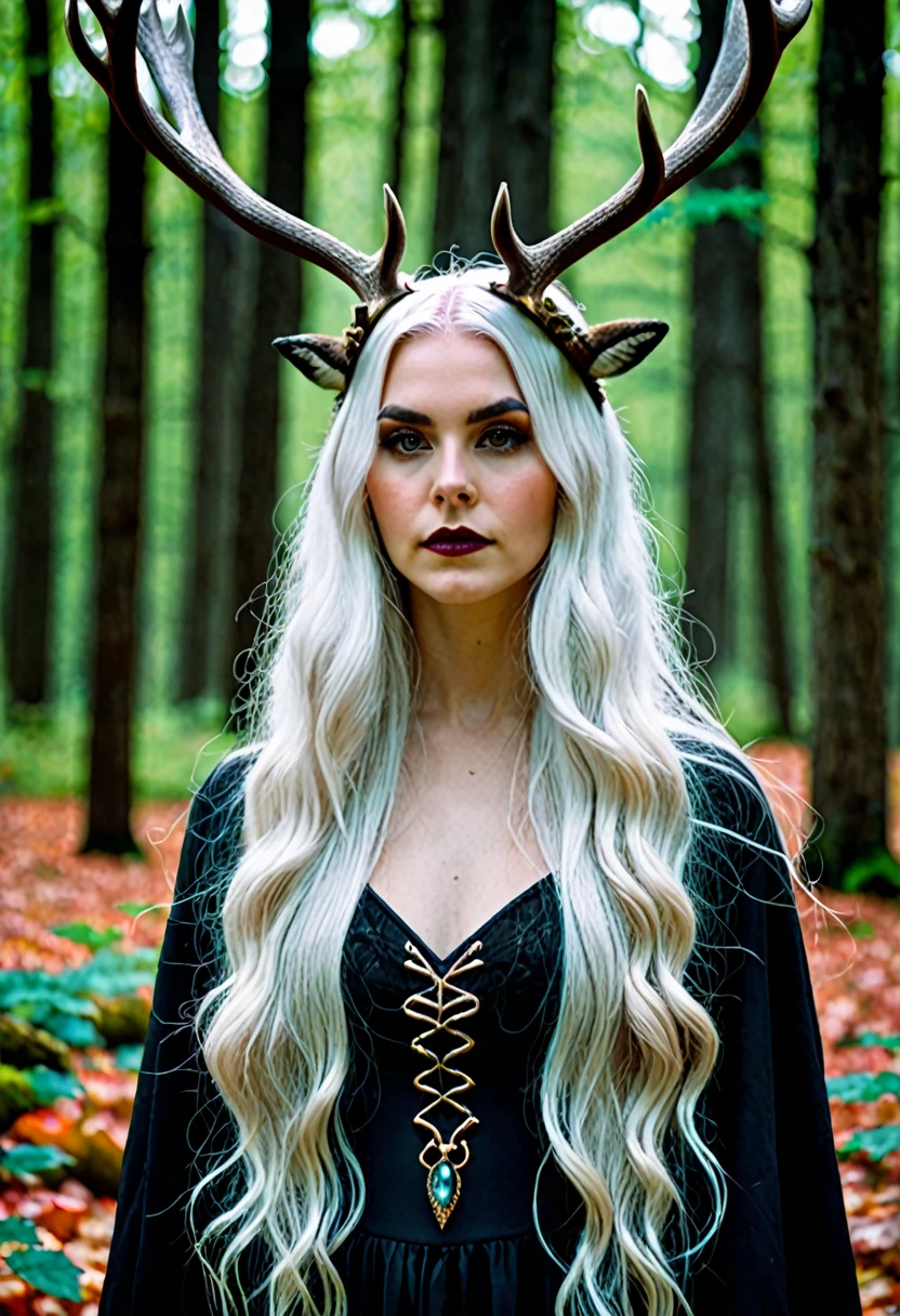 Dark witchy beautiful young woman, long white hair, with antlers coming from her head