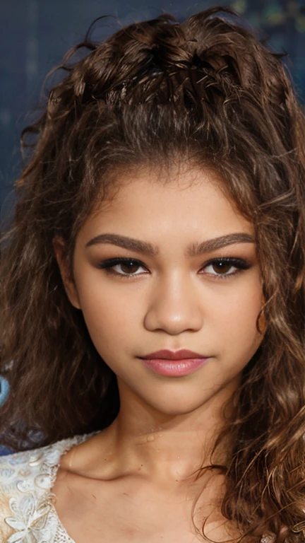 Zendaya, (masterpiece, 8K, high resolution, realistic:1.2), naturally beautiful, (shoulder length brown curly hair:1.1), (piercing and natural aqua brown eyes:0.9), dynamic angle portrait, facing the viewer, (soft lighting, minimalist background:1.1), (capturing Zendaya's beautiful eyes and captivating features with precision:1.1), (perfect facial proportions:1.2)