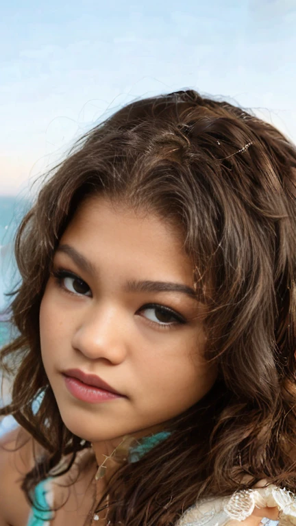 Zendaya, (masterpiece, 8K, high resolution, realistic:1.2), naturally beautiful, (shoulder length brown curly hair:1.1), (piercing and natural aqua brown eyes:0.9), dynamic angle portrait, facing the viewer, (soft lighting, minimalist background:1.1), (capturing Zendaya's beautiful eyes and captivating features with precision:1.1), (perfect facial proportions:1.2)