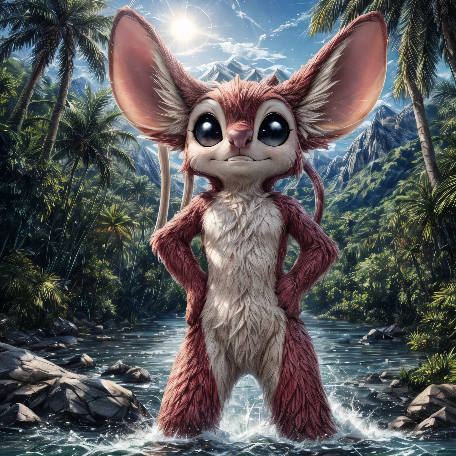  AngeEXAlenN1,  solo,  beautiful eyes,    Black eyes, black sclera, pink, Big ears,
[Jungle, sun rays, palm trees, grass, river, mountains, clouds,] (beautiful, aesthetic, perfect, delicate, intricate:1.1, masterpiece,)
(Standing, hands on hips,  dynamic action pose,)
by dagasi, [[by smitty g]], [by personalami0.2], by cynicalstarr,