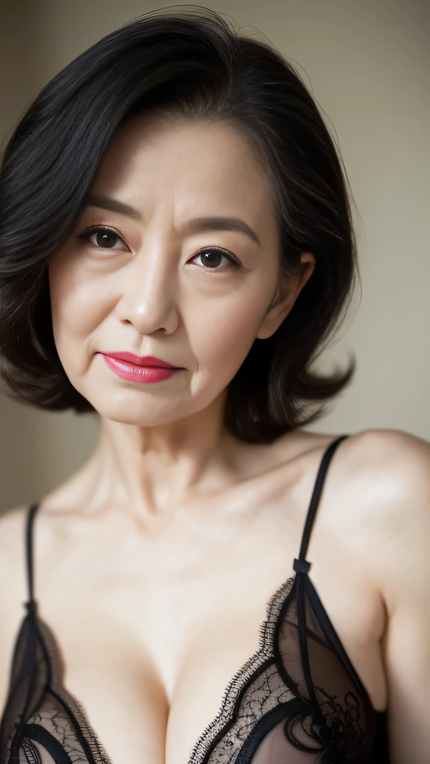 ((elderly Mature Woman)), ((concentrated)), (Full body image)(Beautiful woman), (news), Black Lingerie, gravure, Depict lips accurately, Red lipstick, Black Lingerie, senior citizen,Mature Woman, Flashy face, Highest quality, super high quality, Realistic, Ultra-Dense Skin, Perfect description, (1 Japanese Mature Woman), (erotic), 100 years old, Big Breasts, charm, Glamour, sexy, Pure white skin, Looking at the audience,