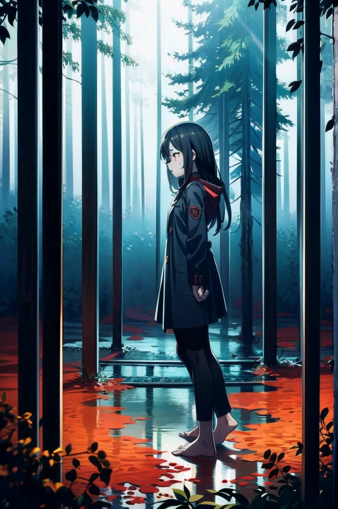 Loli, pale skin, sad face, cry, kneeing pose, very long multicolored hair, knife in hend, mantle, bare feet, dark forest, red flowers, focus on body, rainy weather, blood everywhere 