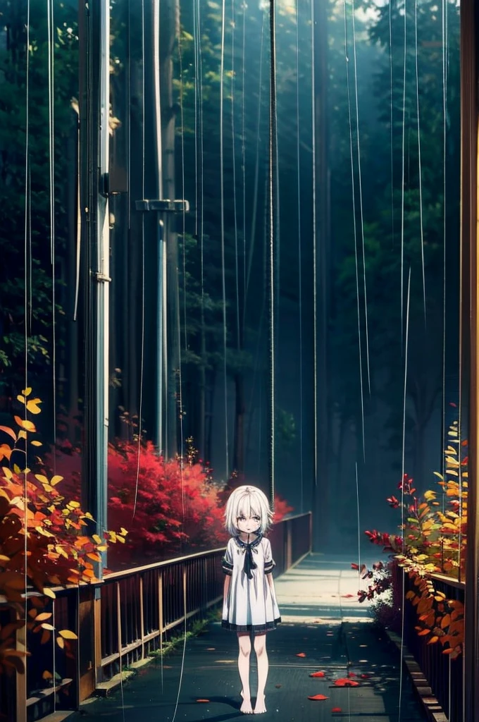 Loli, pale skin, sad face, cry, kneeing pose, very long multicolored hair, knife in hend, mantle, bare feet, dark forest, red flowers, focus on body, rainy weather, blood everywhere