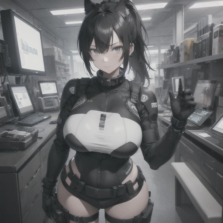 Absurd resolution, high resolution, (masterpiece: 1.4), hyper-detail, full body shot, solo, 1 kemono feline cat woman, black hair, messy ponytail, cute face, detailed soft grey eyes, extremely large bust, huge massive hyper super swollen breasts, wide full hips, narrower torso, smaller torso, full thicc soft thighs, rounded full soft butt, monochrome black and grey fullbody covering protective padding pilot rugged utility suit with white chest, scifi padded rugged high collar techwear jacket, white and black triangular decals and techwear iconography on apparel and clothing, techwear gloves, arm mounted strapped display scifi tablet/communication device/computer, rugged tablet display mounted on MOLLE strap on top of her bust, ruggedized computer tablet mounted above her breasts, screen display mounted on top of her chest, ruggedized tech, ruggedized tech aesthetic, fitted utility pants, utility chaps, near future scifi, cyberpunk aesthetic, anime aesthetic