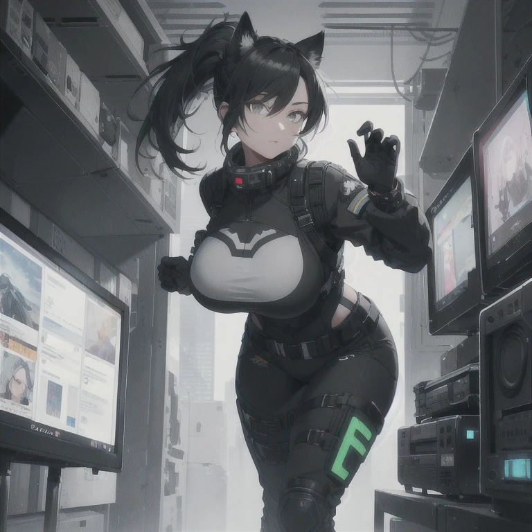 Absurd resolution, high resolution, (masterpiece: 1.4), hyper-detail, full body shot, solo, 1 kemono feline cat woman, black hair, messy ponytail, cute face, detailed soft grey eyes, extremely large bust, huge massive hyper super swollen breasts, wide full hips, narrower torso, smaller torso, full thicc soft thighs, rounded full soft butt, monochrome black and grey fullbody covering protective padding pilot rugged utility suit with white chest, scifi padded rugged high collar techwear jacket, white and black triangular decals and techwear iconography on apparel and clothing, techwear gloves, arm mounted strapped display scifi tablet/communication device/computer, rugged tablet display mounted on MOLLE strap on top of her bust, ruggedized computer tablet mounted above her breasts, screen display mounted on top of her chest, ruggedized tech, ruggedized tech aesthetic, fitted utility pants, utility chaps, near future scifi, cyberpunk aesthetic, anime aesthetic