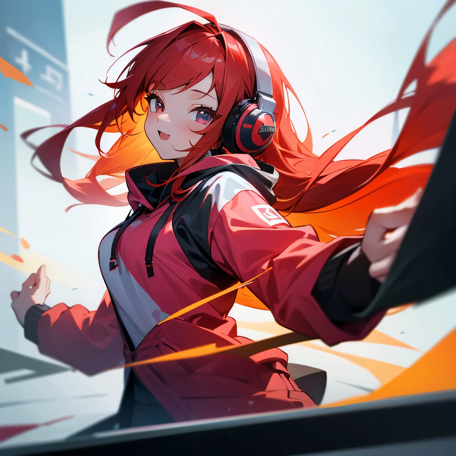 a girl with bright red hair, long hair gradient, hair reaches chest, wearing headphones, cute young girl, dynamic movement, hoodie, enjoying music expression, esports