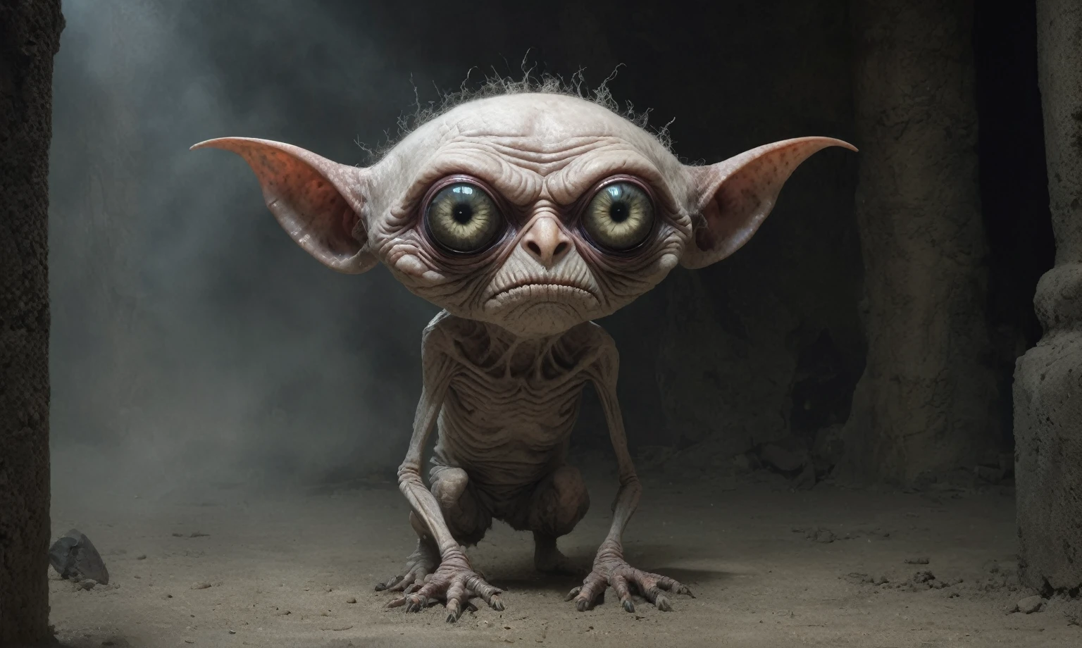 Full body length shot, famous artwork by (tom bagshaw:1.1), detailed expressive eyes, fantasy style, the grumpy lubwad is a tiny creature that prospers in intense heat, building its resiliforged lairs in the flanks of active volcanoes on planet ramsnuggle vi, here we get a good look at its dark ears and intricate eyes as it lays in ambush to prey on the grubby sneezlenook from the shadows of its yarbled hideout
RAW photo, realistic texture, extremely detailed, absurdres, sharp focus,  volumetric lighting, subsurface scattering
realistic skin, (natural skin:1), (skin details, skin texture:1.1), (skin pores:1), (skin imperfections:0.3), 
Mestichino,Light particles,marble leather ,ink photography ,RAW, NIKON Z9,ink photorealism,Mestichino,Light particles,marble leather ,ink photography 