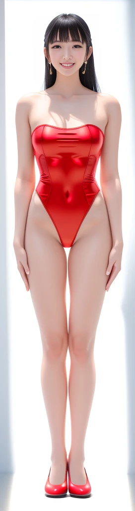 On a white background，A tall and beautiful Chinese girl，with fair skin，Toothy smile，A big smile，When you laugh, Your eyes are crescent-shaped，blunt bangs, long straight hair，Wear a one-piece swimsuit and pumps，Swimsuits are decorated with joyful patterns, Stand up straight，Stand upright，hands on sides，Symmetrical distribution，Ray tracing，All shaded areas，No windows, Soft lighting, Warm light, flood light, n, Studio light, 1.4x Realistic Ultra HD