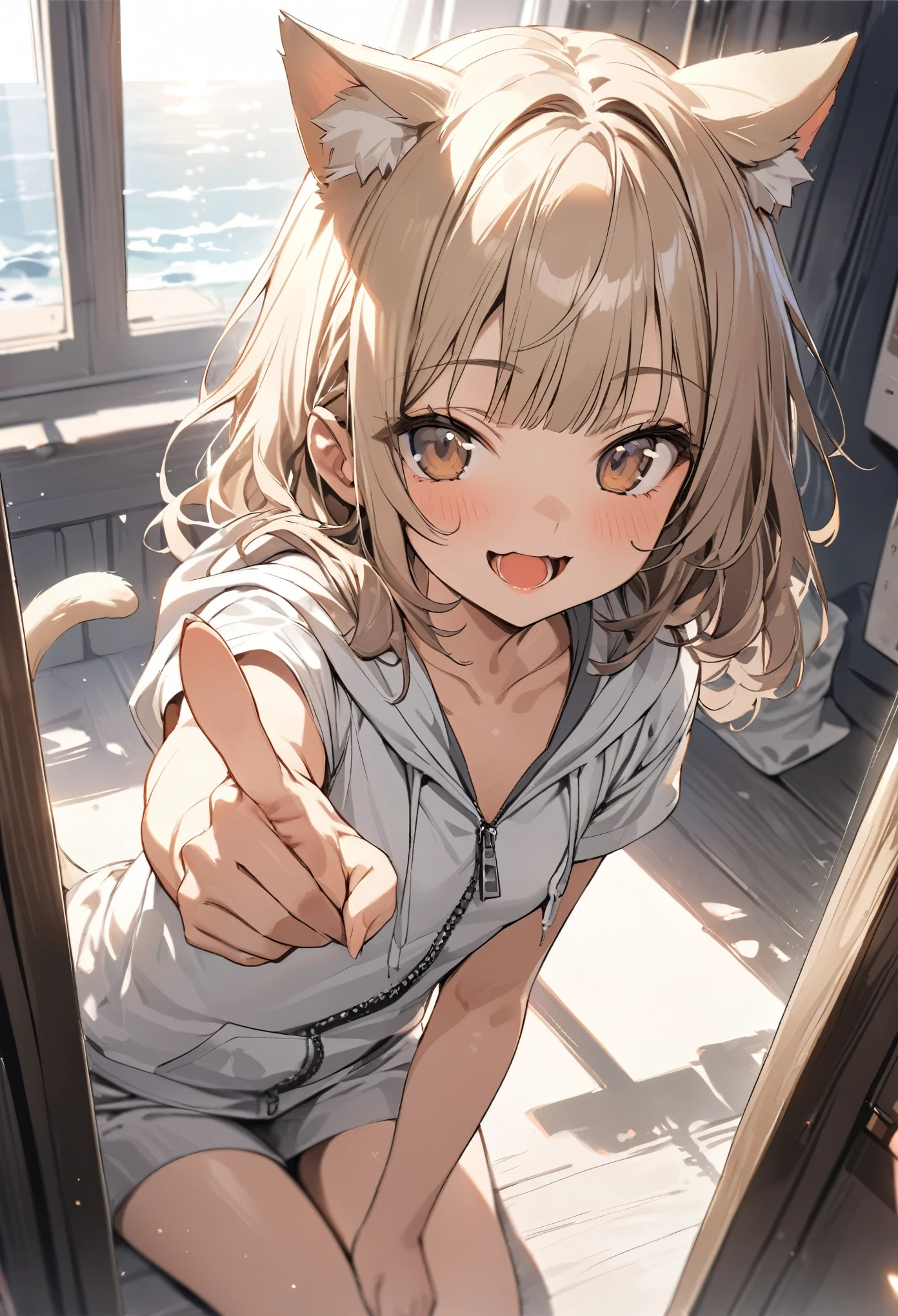 ((Masterpiece)), ((best quality)), (Anime:1.3), (super detail:1.2),(High Definition:1.3), (Professional Photography:1.2), (wide shot), (sharp focus), (perfect light), ((12 years old)), from above, (morning), messy medium hair, Beautiful collarbone, (cute hoodie with zipper), white tanktop, (Healthy slim body), (loose blunt bangs), Slender body, glossy skin, (nauthy smile), open mouth, ((Beautiful brown eyes)), Textured skin, (Cat ears), Pale brown hair, Cute Beautiful Girl, (slightly exposed small chest), BREAK, ((best quality)), ((pointing forward with hand)), sitting on the Mirror-reflected shallows, (sharp focus), perfect hands, (perfect light),