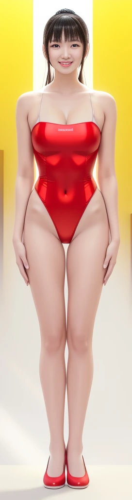 On a white background,A tall and beautiful Chinese girl,with fair skin,Toothy smile,A big smile,When you laugh, Your eyes are crescent-shaped,blunt bangs, long straight hair,Wear a one-piece swimsuit and pumps,Swimsuits are decorated with joyful patterns, Stand up straight,Stand upright,hands on sides,Symmetrical distribution,Ray tracing,All shaded areas,No windows, Soft lighting, Warm light, flood light, n, Studio light, 1.4x Realistic Ultra HD