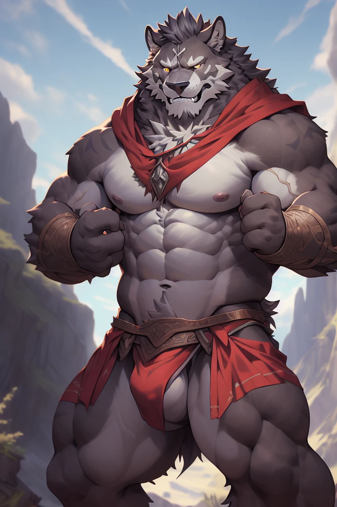 a strong mature male kemono warrior, large X scar on left chest, red loincloth, dynamic pose holding great sword in air, serious expression, extremely realistic shading, masterpiece, extremely detailed, photorealistic, 8k, high quality, digital art, fantasy, highly detailed facial features, muscular body, intricate details, dramatic lighting, cinematic composition