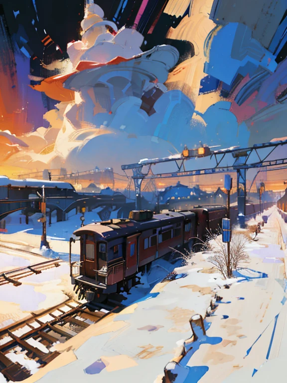 There is a train running down the tracks in the snow.,，correct simple compostiotomy，surreal dreams，Surreal art fantasy style.，Epic digital fantasy art style.