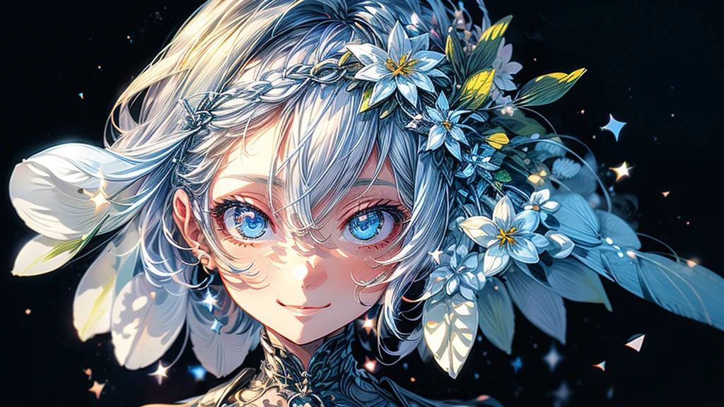White background,In an incredibly beautiful flower garden.,bright sun,((Masterpiece:1.4,Best Quality))+,(hyper detail)+,(very detailed eyes)+,(very detailed hair)+,light blue eyes,smiling girl,closeup of smile