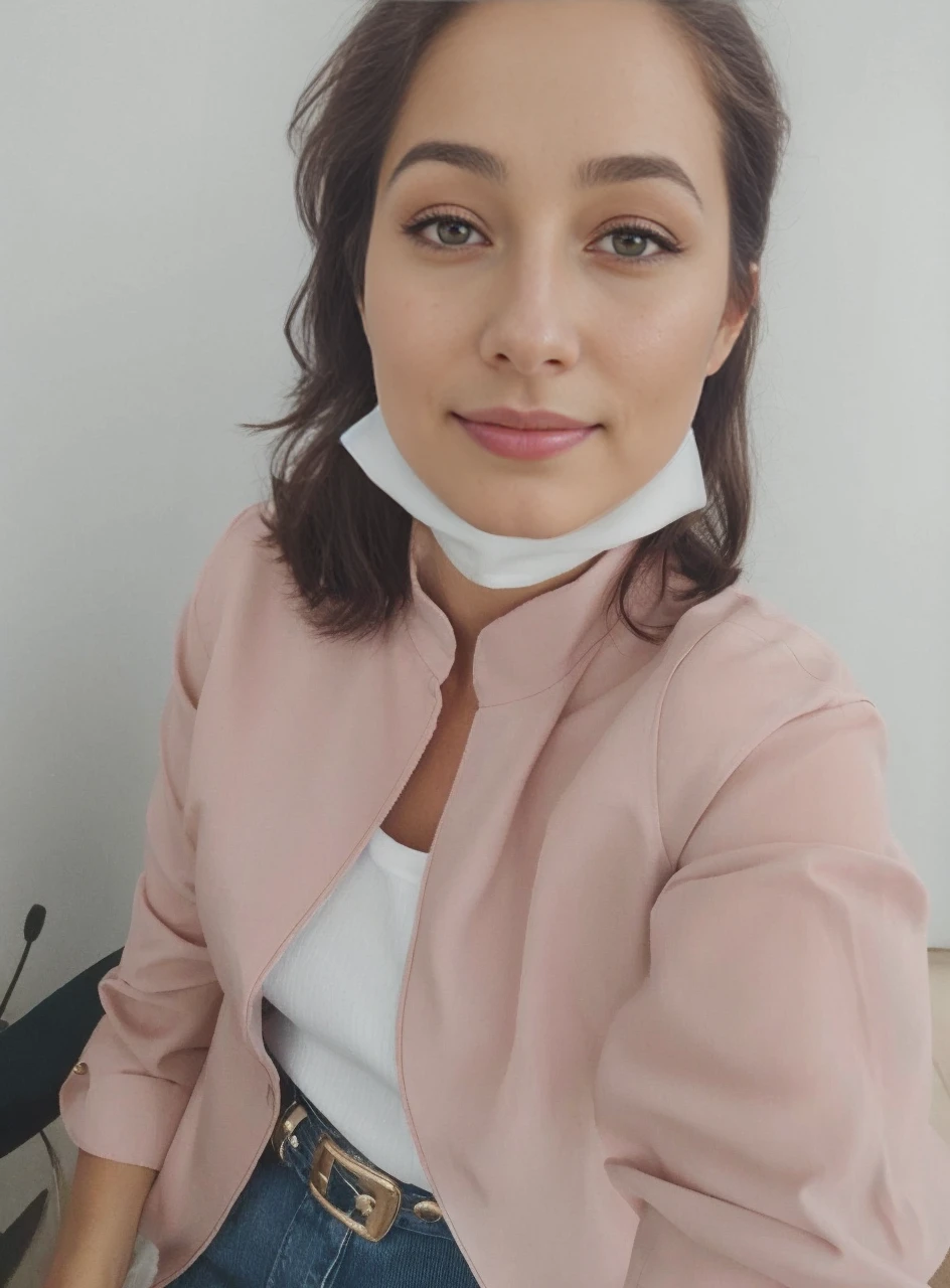 foreigner, Wearing a white shirt and a navy blue suit, professional atmosphere, Important Presentation, smile a little, breast enhancement, young girl pictures, Too many model shoots, brown haired, short hair, (look at the audience:1.2), (detailed pupil:1.3), (natural soft light), (attractive), film grain, Bokeh, beautiful face, super dense skin, perfect shining eyes, skin pores, Soft bristles, fabric stitching, fabric texture