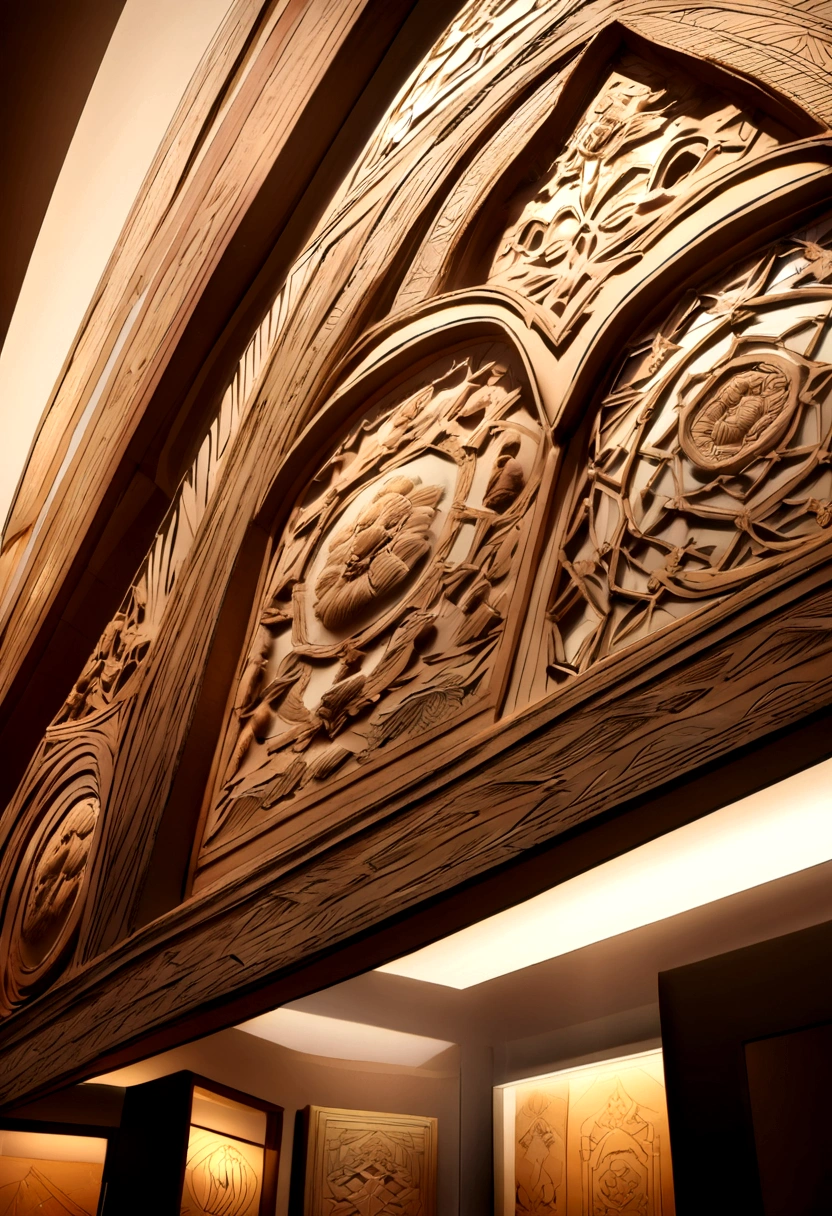 A smooth, light-colored object, carved into intricate shapes, displayed in a museum with soft lighting.