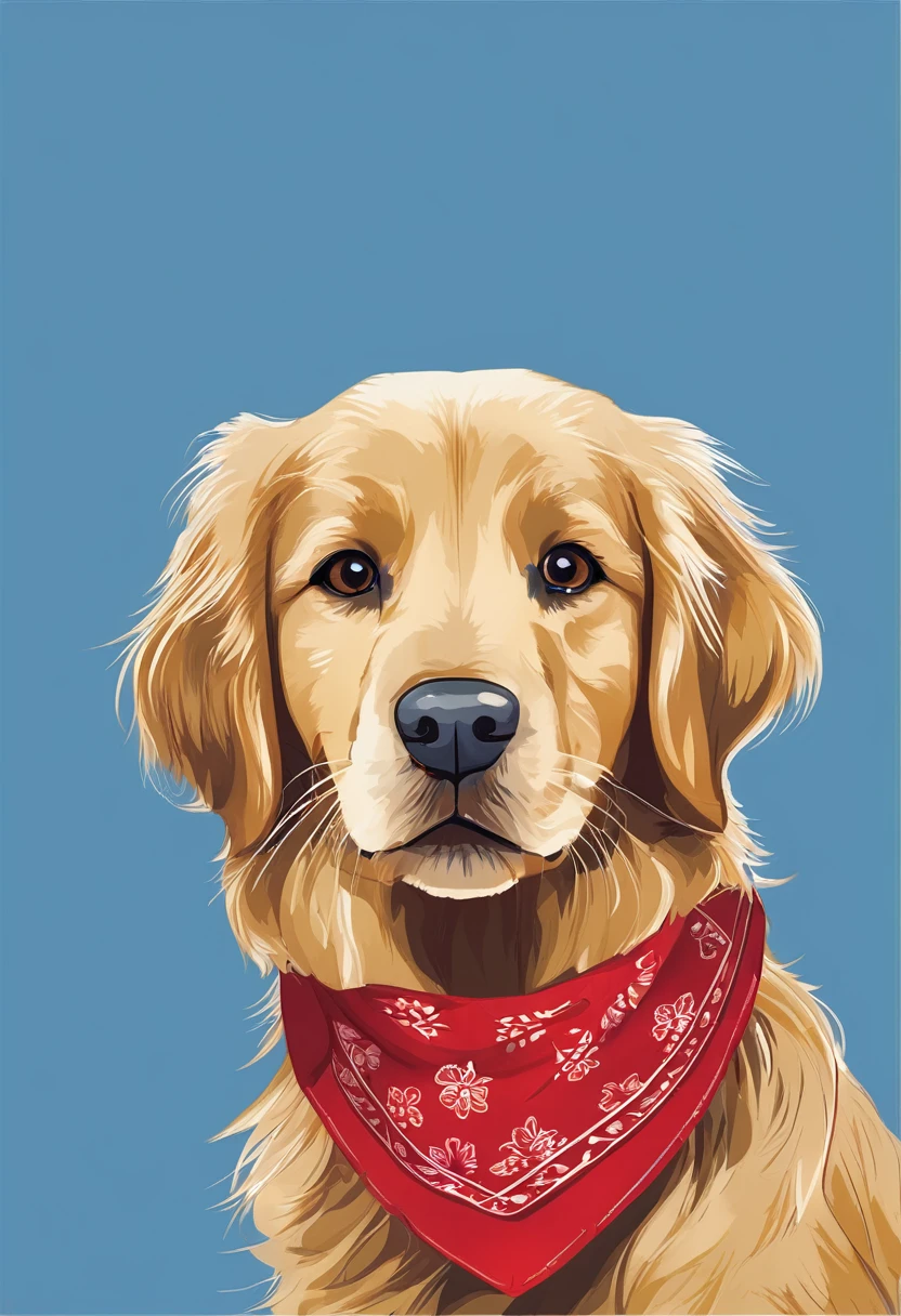 Create the image of a golden medium-haired Golden Retriever, brown eyes and a red bandana, On a blue background