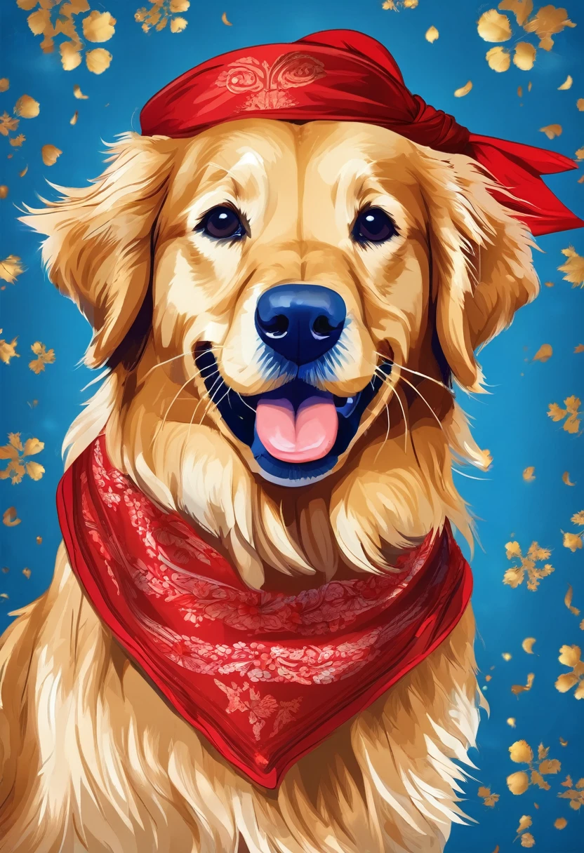 Create the image of a golden medium-haired Golden Retriever, brown eyes and a red bandana, On a blue background