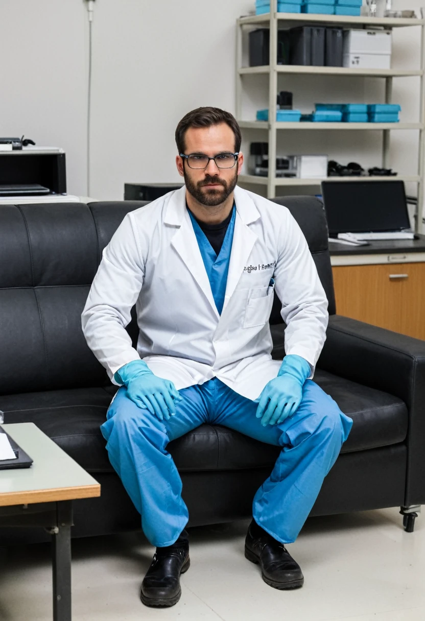 RAW photo, full body, a 35-year-old man, ((dressed as a lab technician)), is sitting on a guest sofa, looking towards the audience, wearing shoes, with both hands forward on his knees, straight forward position, wearing laboratory gloves, laboratory glasses, holding laboratory tools in his hands,