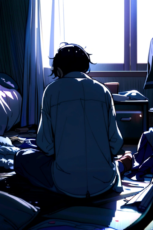 A sad boy with a messy room