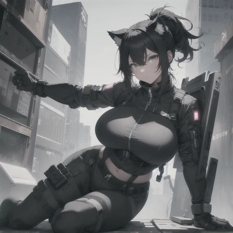 Absurd resolution, high resolution, (masterpiece: 1.4), hyper-detail, full body shot, solo, 1 kemono feline cat woman, black hair, messy ponytail, cute face, detailed soft grey eyes, extremely large bust, huge massive hyper super swollen breasts that cover her whole torso and are bigger than her head while being so big they basically reach her belly button, wide full hips, narrower torso, smaller torso, full thicc soft thighs, rounded full soft butt, monochrome black and grey fullbody covering protective padding pilot rugged utility suit with white chest, scifi padded rugged high collar techwear jacket, white and black triangular decals and techwear iconography on apparel and clothing, techwear gloves, arm mounted strapped display scifi tablet/communication device/computer, rugged tablet display mounted on MOLLE strap on top of her bust, ruggedized computer tablet mounted above her breasts, screen display mounted on top of her chest, ruggedized tech, ruggedized tech aesthetic, fitted utility pants, utility chaps, near future scifi, cyberpunk aesthetic, anime aesthetic