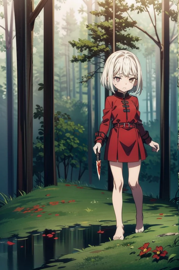 Loli, pale skin, sad face, cry, kneeing pose, very long multicolored hair, knife in hend, mantle, bare feet, dark forest, red flowers, focus on body, rainy weather, blood everywhere 