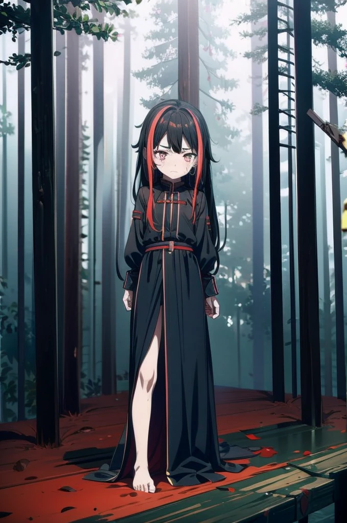 Loli, pale skin, sad face, cry, kneeing pose, very long multicolored hair, knife in hend, mantle, bare feet, dark forest, red flowers, focus on body, rainy weather, blood everywhere 