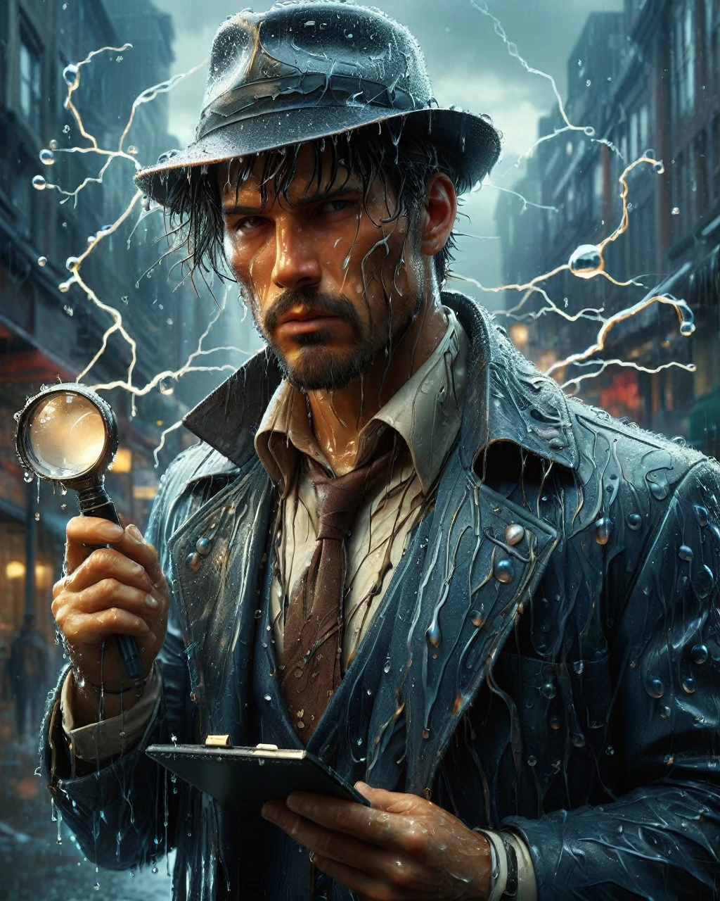 conceptual artwork, Great Evocative "Corrective Chaos Theory", details Intricate, trends on artstation, thunderstorm, designed by Artgerm and Rubens, ultra HD, depressing, sidelight, f/1.8, dslr, high qualiy, ais-waterdrops. visual: visual: A character with the appearance of a detective, with a magnifying glass and a detective hat.
Accessories: A calculator, a pen and notepads. May have a concentrated and sagacious expression.
Personalidade: meticulous, intelligent and resolute. It should convey the idea that no detail escapes your analytical gaze.