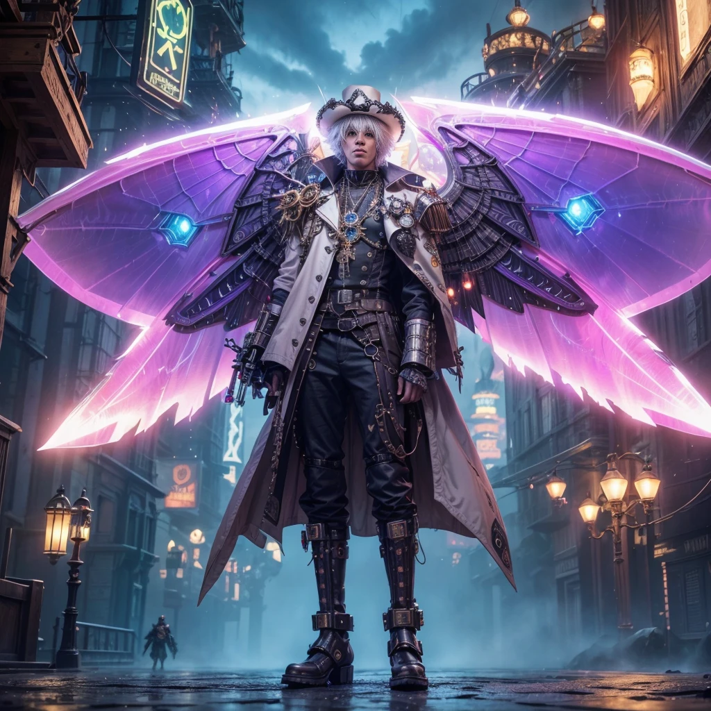 Afro man, full body, bright white afro hair with highlights, dark fantasy, steampunk, Cyber Guardian, wearing fine fabric magic costume with worn mechanical parts, neon magic details, stylish and vibrant colors, cowboy hat and pistol with details magicians in neon, with magical and cybernetic aura and magical mechanical wings on their back. Street with deep vanishing point, towering magical airship flying above, its steam-powered engines raising glowing clouds of fog against the dark fantasy sky. The intricate details of the ship's magic gears and rivets will complement the overall scenery. Cinematic scene, wide and deep scenery, with several depth planes, dynamic pose, magical lighting, epic atmosphere.