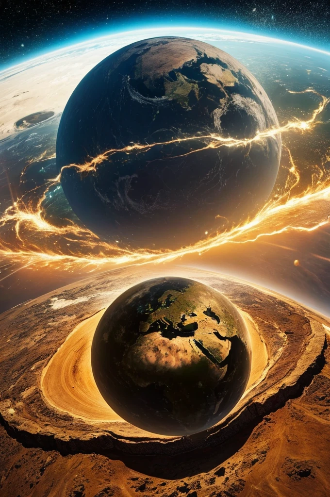 planet earth at the center of the universe and in the background a gigantic greenish alien with shades of brown and deep, shadowy black eyes, he comes from another universe and is located behind planet earth and looking at planet earth with a look of desire for invasion