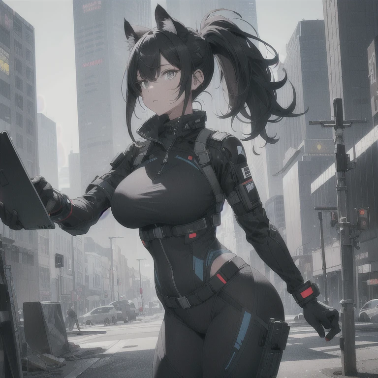 Absurd resolution, high resolution, (masterpiece: 1.4), hyper-detail, full body shot, solo, 1 kemono feline cat woman, black hair, messy ponytail, cute face, detailed soft grey eyes, extremely large bust, huge massive hyper super swollen breasts that cover her whole torso and are bigger than her head while being so big they reach her belly button, wide full hips, narrower torso, smaller torso, full thicc soft thighs, rounded full soft butt, monochrome black and grey fullbody covering protective padding pilot rugged utility suit with white chest, scifi padded rugged high collar techwear jacket, white and black triangular decals and techwear iconography on apparel and clothing, techwear gloves, arm mounted strapped display scifi tablet/communication device/computer, rugged tablet display mounted on MOLLE strap on top of her bust, ruggedized computer tablet mounted above her breasts, screen display mounted on top of her chest, ruggedized tech, ruggedized tech aesthetic, fitted utility pants, utility chaps, near future scifi, cyberpunk aesthetic, anime aesthetic
