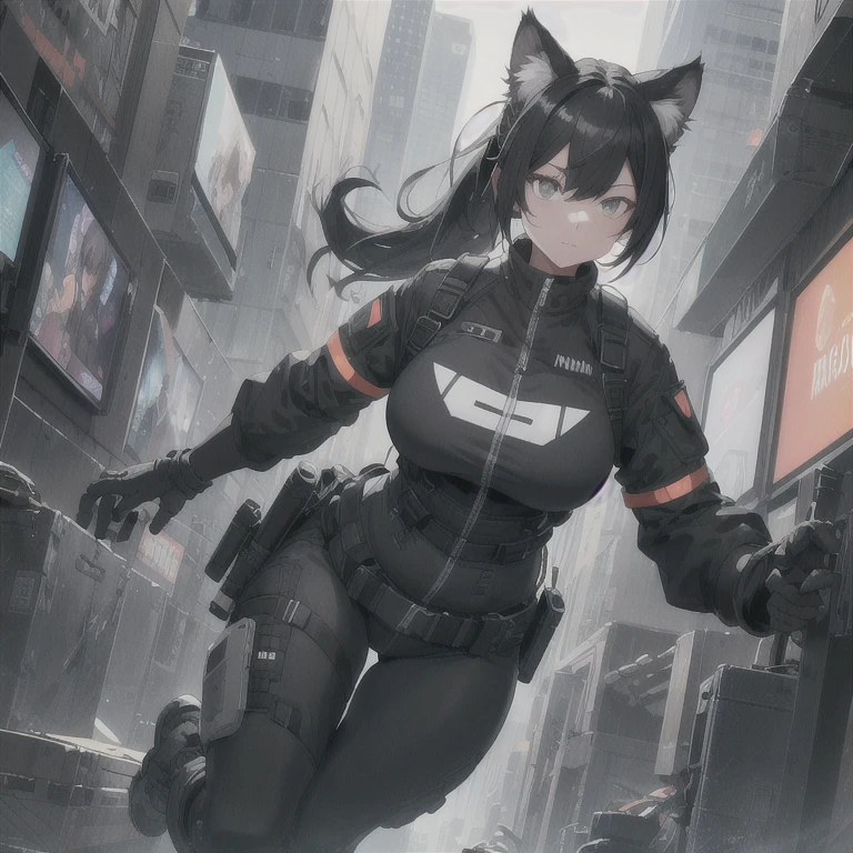 Absurd resolution, high resolution, (masterpiece: 1.4), hyper-detail, full body shot, solo, 1 kemono feline cat woman, black hair, messy ponytail, cute face, detailed soft grey eyes, extremely large bust, huge massive hyper super swollen breasts that cover her whole torso and are bigger than her head while being so big they reach her belly button, wide full hips, narrower torso, smaller torso, full thicc soft thighs, rounded full soft butt, monochrome black and grey fullbody covering protective padding pilot rugged utility suit with white chest, scifi padded rugged high collar techwear jacket, white and black triangular decals and techwear iconography on apparel and clothing, techwear gloves, arm mounted strapped display scifi tablet/communication device/computer, rugged tablet display mounted on MOLLE strap on top of her bust, ruggedized computer tablet mounted above her breasts, screen display mounted on top of her chest, ruggedized tech, ruggedized tech aesthetic, fitted utility pants, utility chaps, near future scifi, cyberpunk aesthetic, anime aesthetic