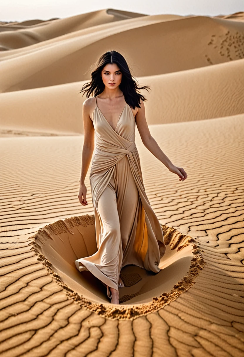 Dark haired beautiful young woman, set in a dessert. Shes wearing 'Dune' dessert, long beige style clothing. She is playing with the sand