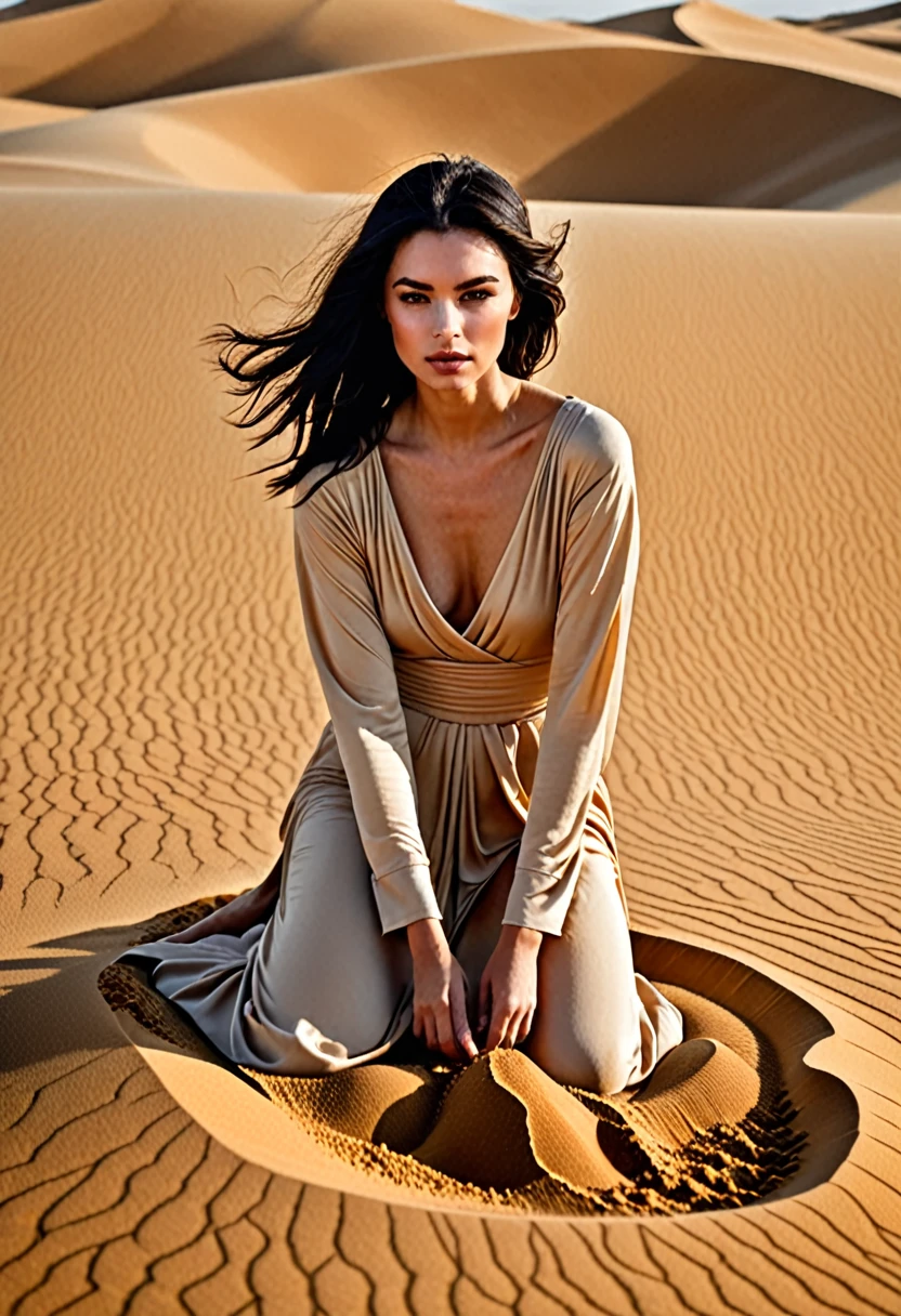 Dark haired beautiful young woman, set in a dessert. Shes wearing 'Dune' dessert, long beige style clothing. She is playing with the sand 
