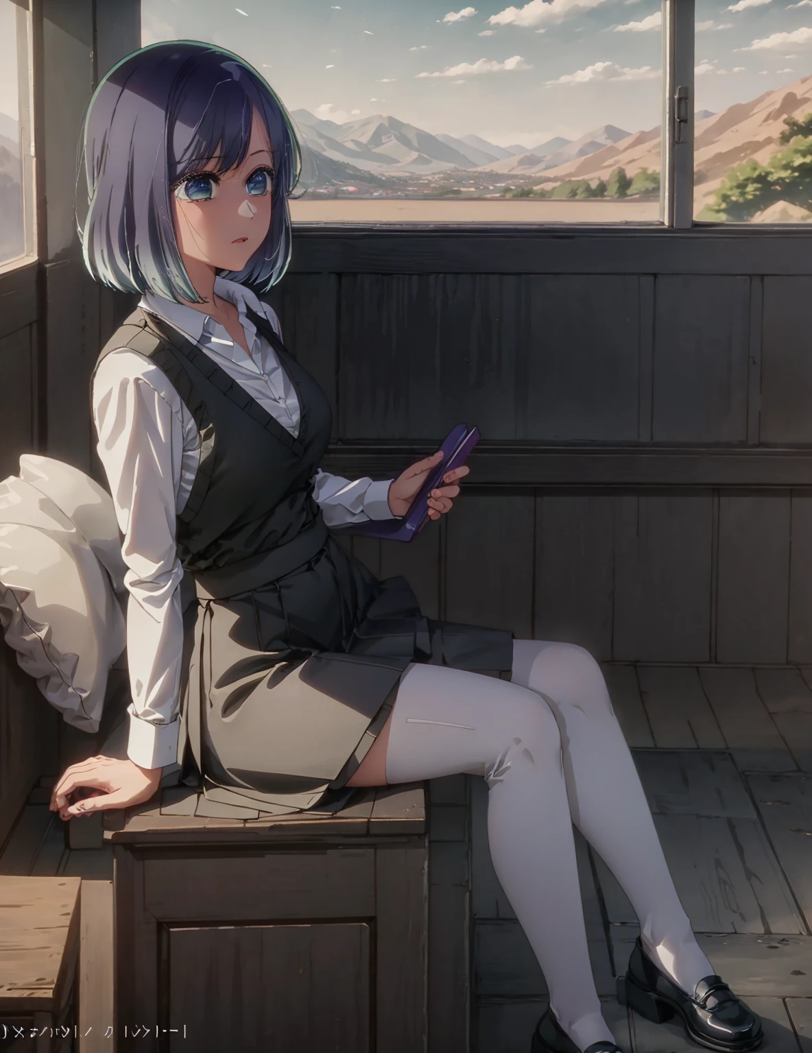 best quality, masterpiece, 1 girl, alone, detailed eyes, detailed car, busty, thick thighs, black skirt, unbuttoned shirt, long black stockings, sitting, spreading legs, full body