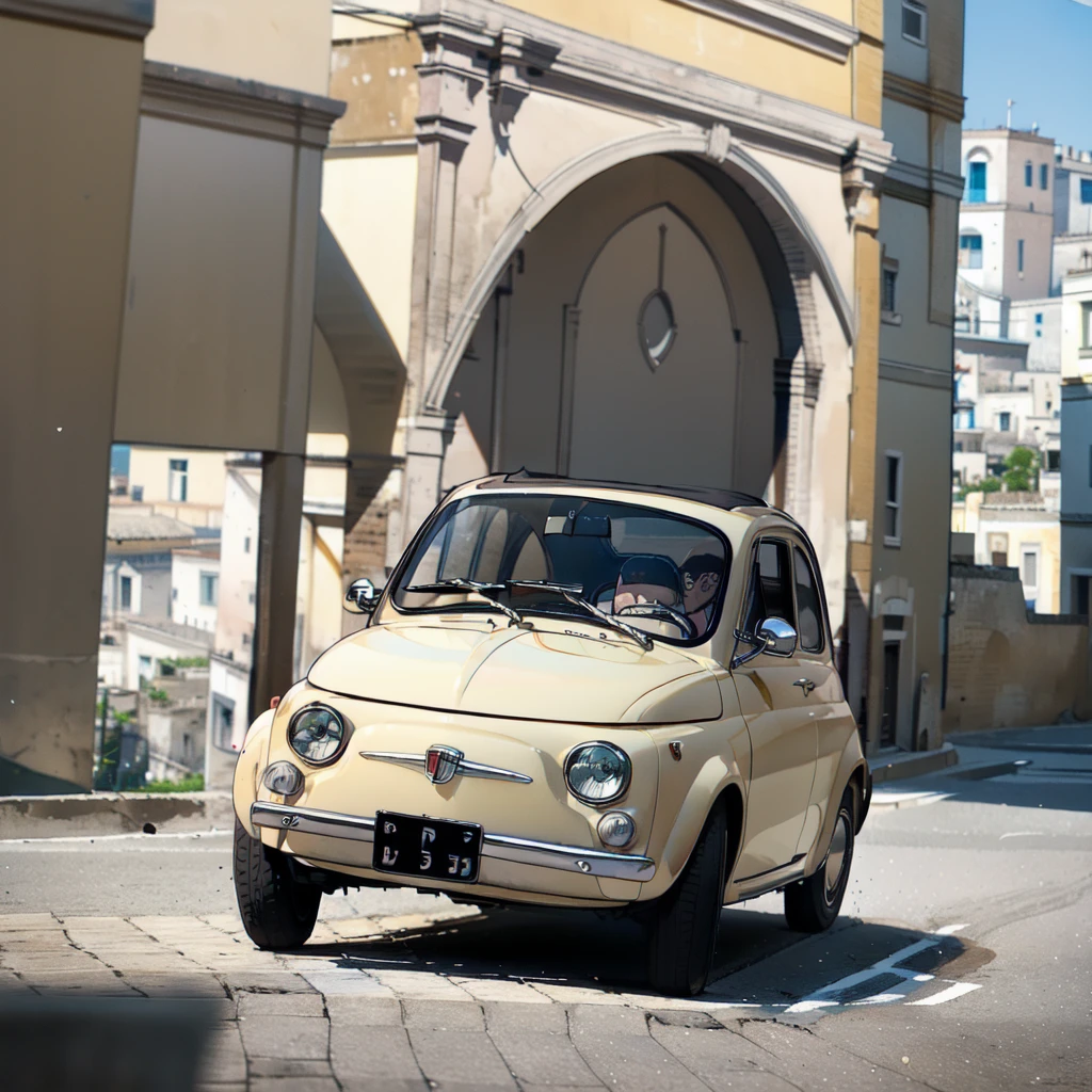 (FIAT500, classical old Italian Fiat 500 car, sassi_di_matera), Lupin III drives the yellow Fiat 500 through the alleys of the Sassi of Matera. Photorealistic shot giving the motion blur of speed. In background Sassi of Matera landscape. blurred foreground.