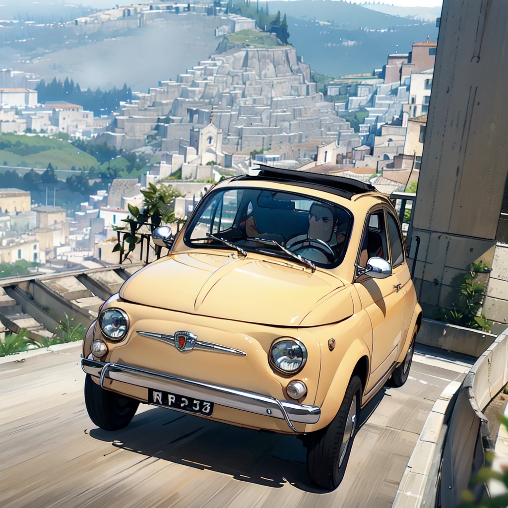 (FIAT500, classical old Italian Fiat 500 car, sassi_di_matera), Lupin III drives the yellow Fiat 500 through the alleys of the Sassi of Matera. Photorealistic shot giving the motion blur of speed. In background Sassi of Matera landscape. blurred foreground.