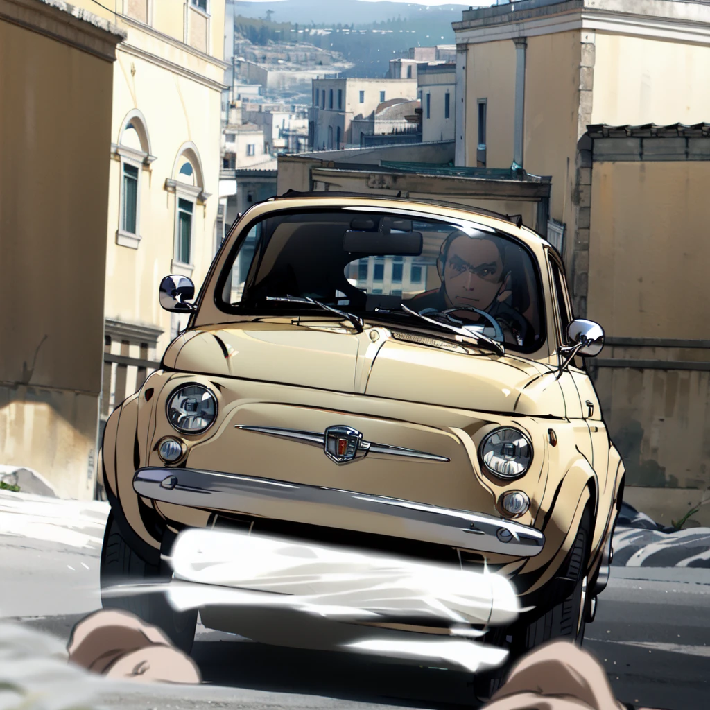 (FIAT500, classical old Italian Fiat 500 car, sassi_di_matera), Lupin III drives the yellow Fiat 500 through the alleys of the Sassi of Matera. Photorealistic shot giving the motion blur of speed. In background Sassi of Matera landscape. blurred foreground.