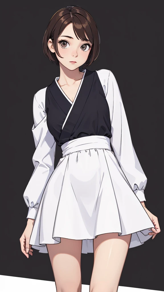 (((masterpiece, best quality, ultra highres, 1 girl, solo, no background))), super detailed skin and face and eyes and finger, beautiful japanese woman, small breasts:1.5, skinny, light brown hair, white background, very short pixie hair, (an illustration of girl), Knee shot, Generate with illustrations, Various expressions, Various poses, Various Costumes, Please draw the entire character within the frame, ensuring that the head, arms, and legs are not cut off. The background should be simple, with the character positioned centrally, outline,