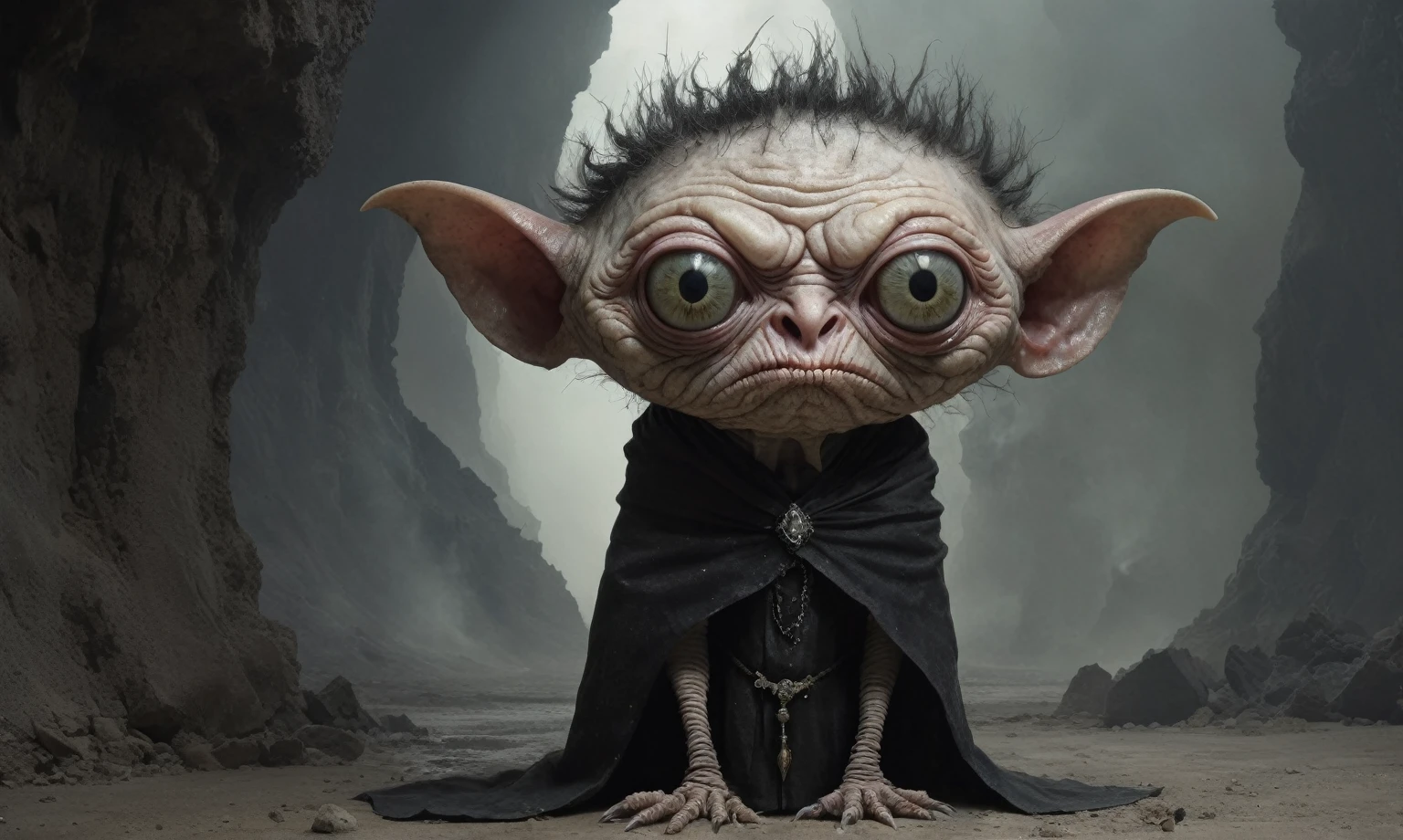 Full body length shot, famous artwork by (tom bagshaw:1.1), detailed expressive eyes, fantasy style, the grumpy lubwad is a tiny creature that prospers in intense heat, building its resiliforged lairs in the flanks of active volcanoes on planet ramsnuggle vi, here we get a good look at its dark ears and intricate eyes as it lays in ambush to prey on the grubby sneezlenook from the shadows of its yarbled hideout
RAW photo, realistic texture, extremely detailed, absurdres, sharp focus,  volumetric lighting, subsurface scattering
realistic skin, (natural skin:1), (skin details, skin texture:1.1), (skin pores:1), (skin imperfections:0.3), 
Mestichino,Light particles,marble leather ,ink photography ,RAW, NIKON Z9,ink photorealism,Mestichino,Light particles,marble leather ,ink photography 