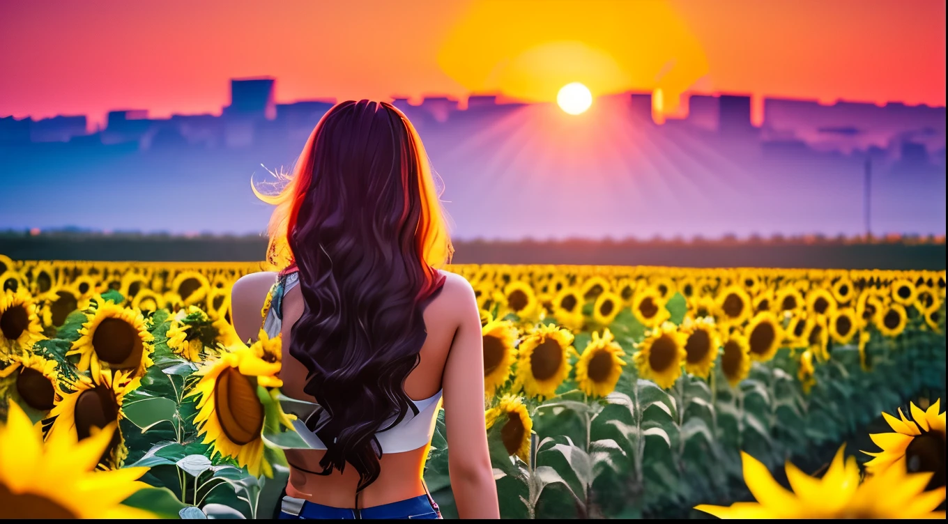 Back view of a young woman, Hair tousled by the wind, Beyond the sunflower field; 3d; Retro Cyberpunk; Yellow splash; Dynamic Color Fields; sunrise; Holicorama effect; Cinema Lighting
